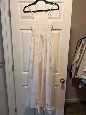 Light Cream Maxi Sundress with Blue Print